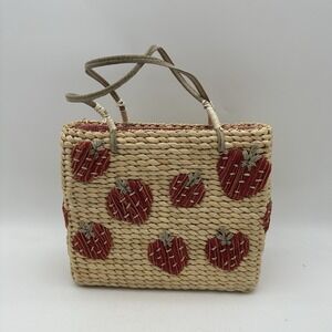 Vintage Woven Strawberry Handbag Red Gingham‎ Lined Purse 10"